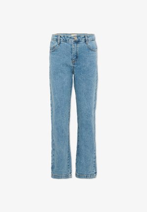 Jasnoniebieskie dżinsy o prostych nogawkach z przodu na guzik, zamkiem błyskawicznym i pięcioma kieszeniami, prezentowane na białym tle.