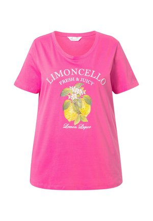 Lyserød bomulds T-shirt med rund halsudskæring, prydet med et citronmotiv og teksten "Limoncello Fresh & Juicy" i hvid. Korte ærmer.