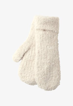Crème-kleurige fleece wanten met een gestructureerd, donzig oppervlak en een omgeslagen manchet. Ronde vorm voor warmte en comfort.