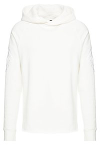 Felpa con cappuccio in pile bianco con cappuccio regolabile e dettagli strutturati sulle maniche. Presenta polsini a coste e una vestibilità comoda.