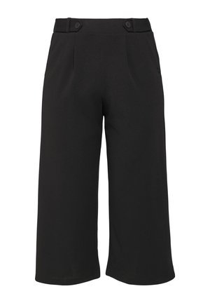 Culottes noirs en tissu lisse, dotés d'une taille ajustée avec deux boutons et de plis avant nets pour une structure et un style élégants.