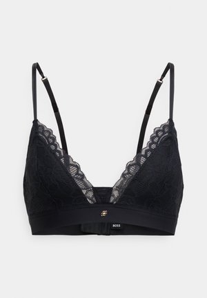 Zwarte kanten bralette met verstelbare bandjes, voorzien van een v-hals, bloemrijke kanten rand en een gladde band met een klein logo detail.