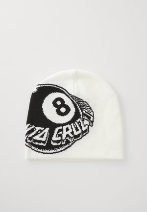 Knitted beanie in white featuring a black eight-ball graphic and bold text, smooth texture, round shape, and a snug fit.