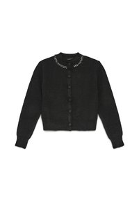 Schwarze Strickjacke mit langen Ärmeln, rundem Halsausschnitt und dekorativen Perlen um den Kragen. Verfügt über eine Knopfleiste.