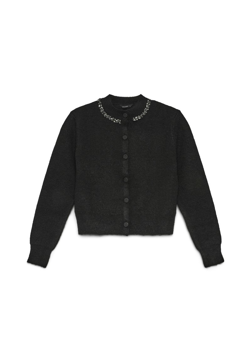 Schwarze Strickjacke mit langen Ärmeln, rundem Halsausschnitt und dekorativen Perlen um den Kragen. Verfügt über eine Knopfleiste.