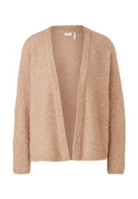 Beige otevřený cardigan vyrobený z měkké, nadýchané látky s mírně třpytivou texturou. Má dlouhé rukávy a volný střih.