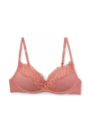 Pink bra made of soft fabric with lace detailing at the cups. Features adjustable straps and a smooth texture throughout.