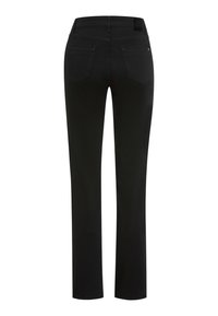 Pantaloni in denim nero con design a gamba dritta. Presentano un classico stile a cinque tasche e un tessuto texturizzato. Finitura pulita senza decorazioni visibili.