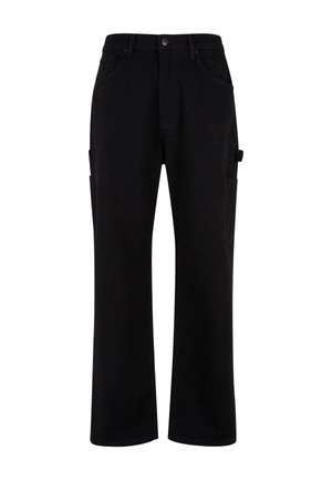 Schwarze Cargo-Hosen aus strapazierfähigem Material, mit geradem Bein, zwei Seitentaschen und Knopfverschluss.
