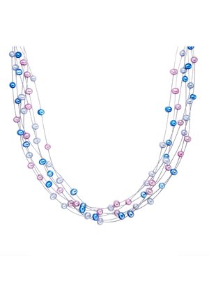 Collana a più fili con perle iridescenti rosa, blu e bianche su filo fine, con perle di diverse dimensioni e texture lisce.