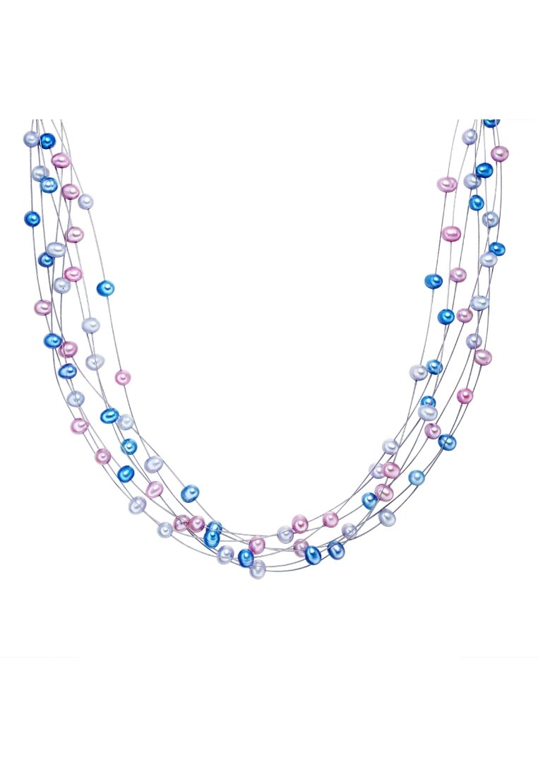 Collana a più fili con perle iridescenti rosa, blu e bianche su filo fine, con perle di diverse dimensioni e texture lisce.