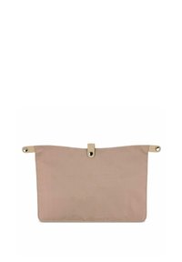 Borsa in tessuto beige trapuntato con una finitura liscia e opaca, dotata di una chiusura centrale a scatto e occhielli laterali per il fissaggio.
