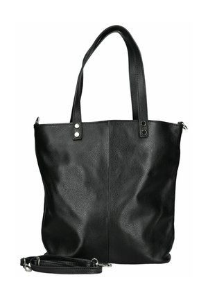 Borsa a tracolla nera in pelle con due manici e una tracolla staccabile. Superficie texturizzata con dettagli in metallo argentato e chiusura con zip.