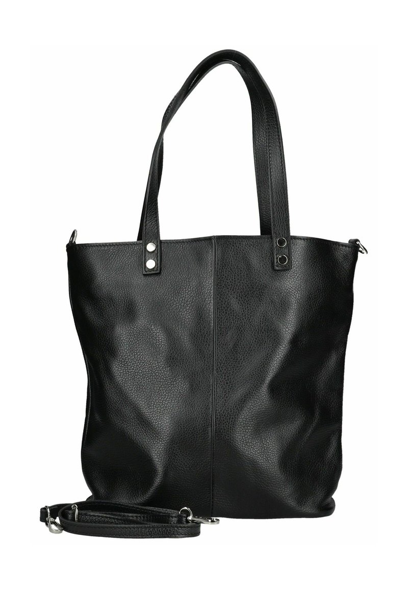 Borsa a tracolla nera in pelle con due manici e una tracolla staccabile. Superficie texturizzata con dettagli in metallo argentato e chiusura con zip.