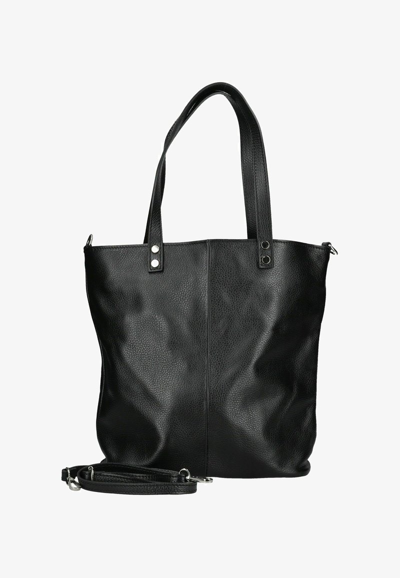 Borsa a tracolla nera in pelle con due manici e una tracolla staccabile. Superficie texturizzata con dettagli in metallo argentato e chiusura con zip.