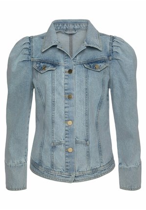 Lichtblauwe denimjack met puffed mouwen, knoopsluiting aan de voorkant, twee borstzakken en contrasterende stiksels. Soepele textuur en klassiek ontwerp.