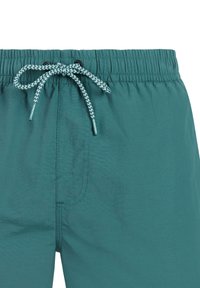 Turkooizen zwemshorts met elastische tailleband en wit-groene gevlochten trekkoord dat aan de voorkant in het midden in een strik is gebonden.