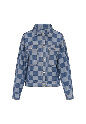 Kurtka dżinsowa w kratę w różnych odcieniach niebieskiego, z zapięciem na guziki, płaskimi kieszeniami na piersi i kołnierzem, w luźnym kroju.