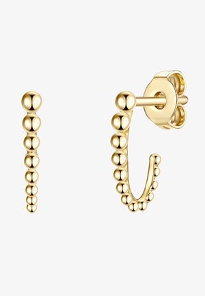 Goldene Ohrringe mit einem linearen Design und sphärischen Akzenten. Der Hakenstil enthält gleichmäßig verteilte, polierte Perlen entlang der Kurve.