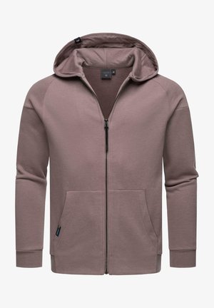 Hooded zip-up sweatshirt in gedempt mauve, met een kangoeroe pocket, ribgebreide manchetten en een zachte binnenvoering. Gladde textuur.