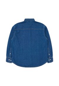 Denim long-sleeve shirt, dark blue, button-down collar, rounded hem, single-button cuffs, and contrasting stitching details.