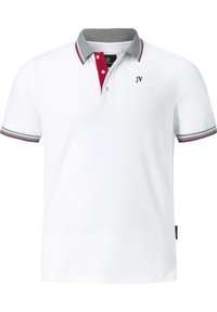 Weißes Poloshirt mit einem grauen Kragen und rotem Knopfbeleg. Mit grauen und roten gestreiften Akzenten an den Ärmeln. "JV"-Logo auf der Brust.