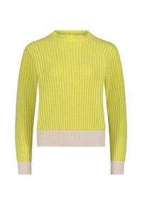 Langärmliger, gerippter Strickpullover in leuchtendem Gelb mit cremefarbenen Bündchen und Saum, ausgestattet mit einem hohen Rundhalsausschnitt.