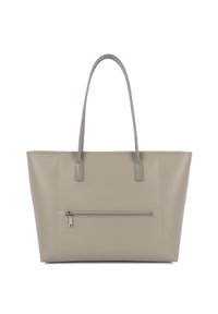 Beige leren tote bag met textuur, voorzien van twee lange handvatten en een horizontale ritszak aan de voorkant met een metalen trekhaak.