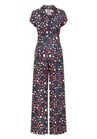 Marineblauer Jumpsuit mit kurzen Ärmeln, Wickeldesign und weitem Bein. Enthält ein farbenfrohes abstraktes Muster in Pink, Weiß und Rot.