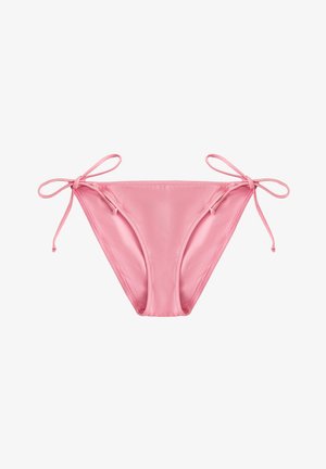 Bas de bikini rose avec nœuds ajustables sur les côtés, fabriqué dans un matériau lisse et extensible, au design de maillot de bain classique.