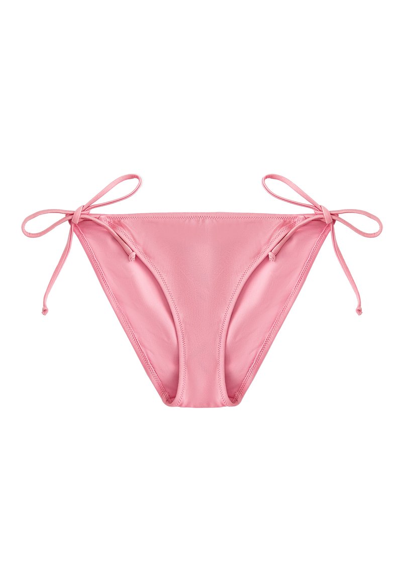 Różowy dół bikini z regulowanymi bokami na sznurek, wykonany z gładkiego, elastycznego materiału i klasycznym fasonem kostiumu kąpielowego.