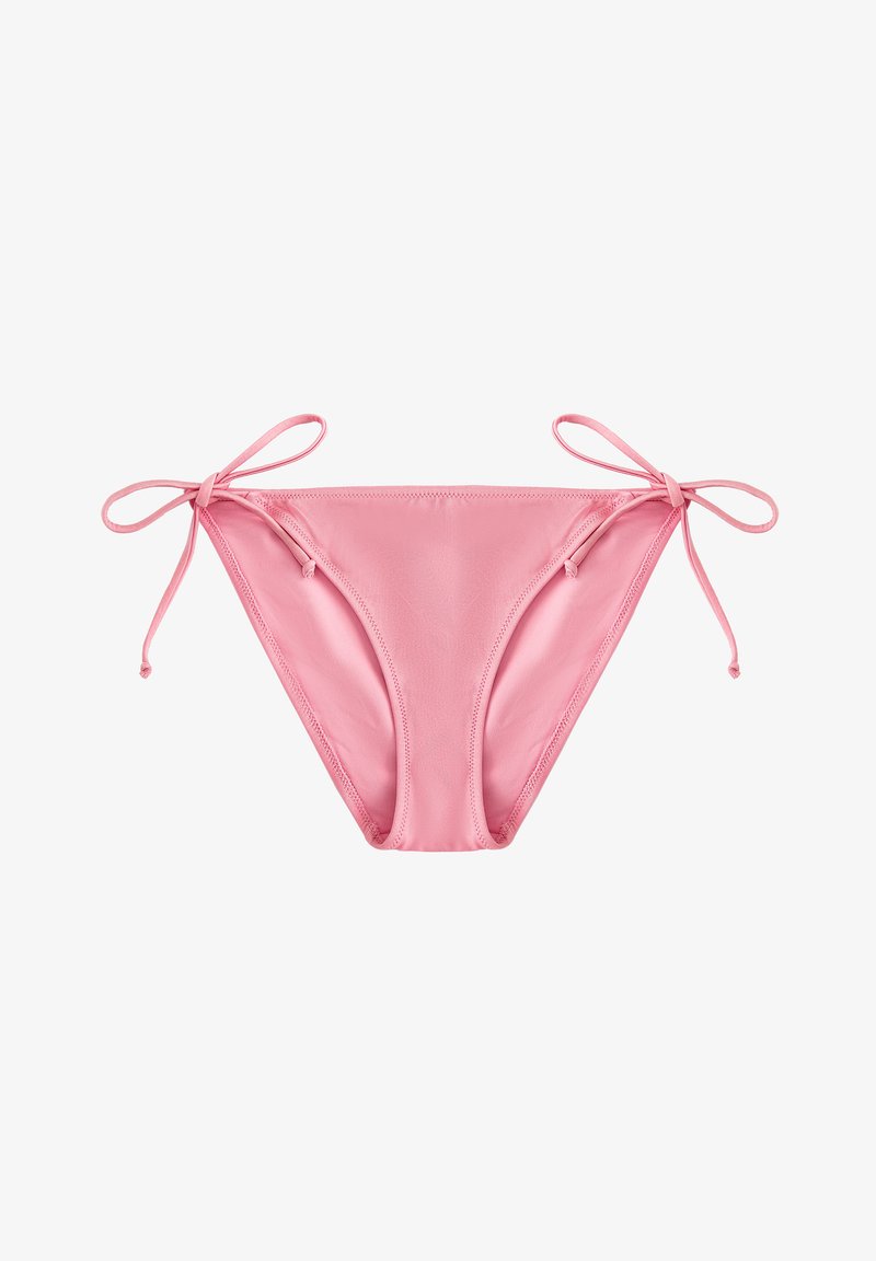 Rosa baddräkt med justerbara knytband i sidorna, med ett slätt, elastiskt material och en klassisk badmode-design.