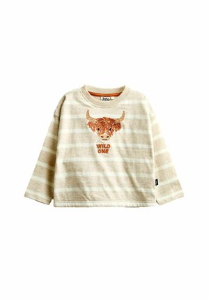Beiges und weiß gestreiftes Langarmshirt mit einem Cartoon-Highland-Rind und dem bestickten Schriftzug Wild One auf der Vorderseite.