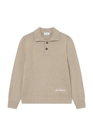 Beige knitted sweater with a ribbed collar, three-button placket, and embroidered text at the bottom. Long sleeves and textured fabric.