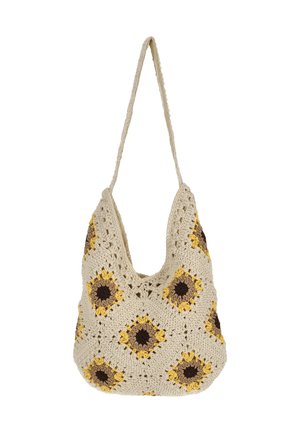 Gehäkelte Handtasche in Creme mit Sonnenblumenmustern in Gelb und Braun. Verfügt über eine lässige Form und einen einzelnen Schulterriemen.