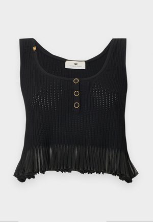 Top negru tricotat fără mâneci, scurt, cu trei nasturi aurii bordați în față și detaliu cu volane transparente la tiv.