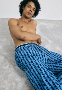 Lacoste blauwe gestreepte boxershorts met een geometrisch ontwerp en een contrasterende witte tailleband. Katoenen materiaal, ontspannen pasvorm.