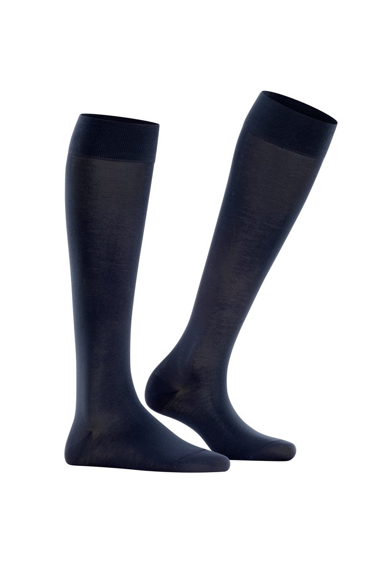 Knielange dunkelblaue Socken aus glattem, dehnbarem Stoff mit einem gerippten Bündchen und verstärktem Zehenbereich. Einfaches, einheitliches Design.