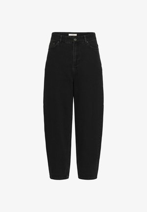 Svart denimbyxor med hög midja och avslappnad passform, med knappstängning, fem fickor och synliga söm detaljer.