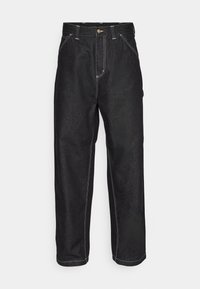 Pantalones vaqueros negros de mezclilla con un corte relajado, que cuentan con costuras blancas en contraste, un cierre de botón y piernas rectas.