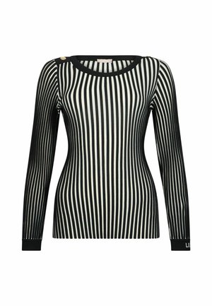 Pull à manches longues rayé vertical noir et blanc avec un col rond et des boutons décoratifs sur une épaule.