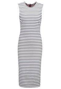 Dopasowana sukienka bez rękawów o długości do kolan, z poziomymi czarno-białymi paskami i zamkiem błyskawicznym z tyłu.
