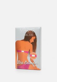 Bra extender pack with a gray box, featuring an illustration of a woman wearing a pink bra. Text highlights 2 hooks, 3 cm, and 3 extenders.