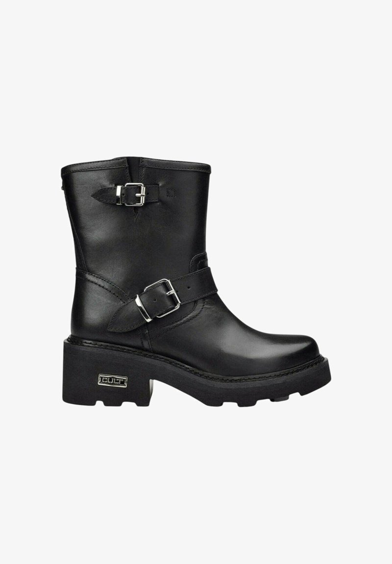 Stivali alla caviglia in pelle nera con tacco largo, dotati di due fibbie argentate, texture liscia e dettaglio del marchio sulla suola.