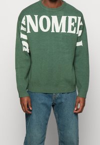 Pull en maille verte avec un grand texte blanc sur la poitrine et la manche gauche. Col et poignets côtelés, texture douce, coupe ajustée.