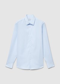 Hellblaues langärmliges Hemd mit dünnen vertikalen Streifen, klassischem Kragen und glatter Textur. Verfügt über einen abgerundeten Saum und Ärmel mit Manschetten.