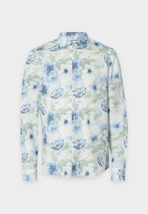 Kwiatowa koszula z długim rękawem w lekkim materiale, z niebieskimi i zielonymi kwiatami w akwareli, guzikami oraz klasycznym kołnierzykiem.