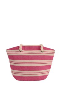Gestreepte tote bag gemaakt van duurzaam fabric, met roze en crèmekleurige horizontale strepen, voorzien van touwhandvatten en metalen oogjes.