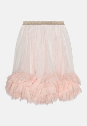 Light pink layered tulle skirt with ruffled hem and a wide glittery gold elastic waistband on a white background.