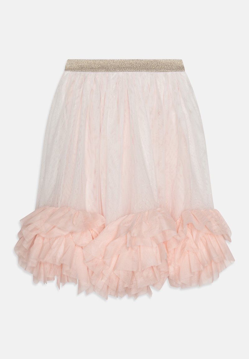 Jupe en tulle superposée rose clair avec ourlet à volants et large ceinture élastique dorée pailletée sur fond blanc.